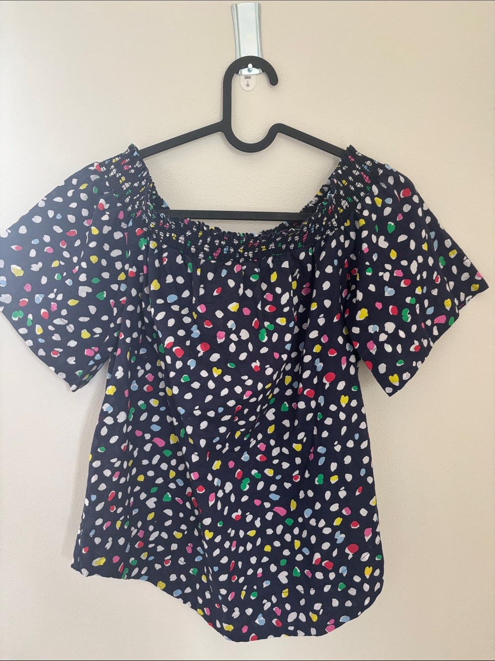 J. Crew Black Off-Shoulder Blouse with Multicolor Spot Print